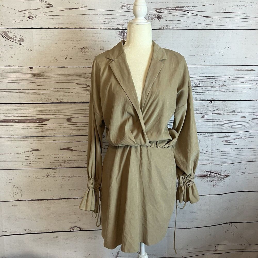 Asos Dress Womens 8 Dark Khaki Long‎ Sleeve Collared Slit Open Back